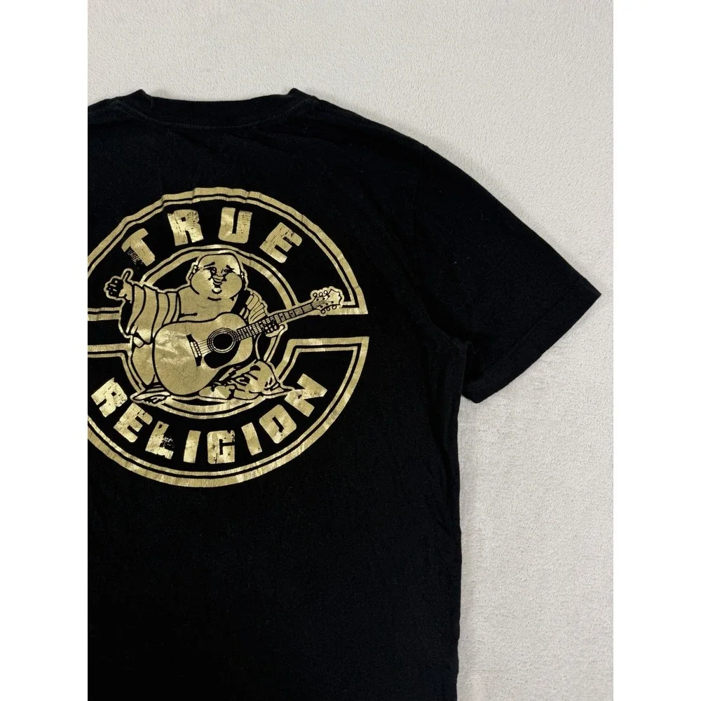 True Religion Mens Black Crew Neck T-Shirt Gold Metallic Horseshoe Logo Small